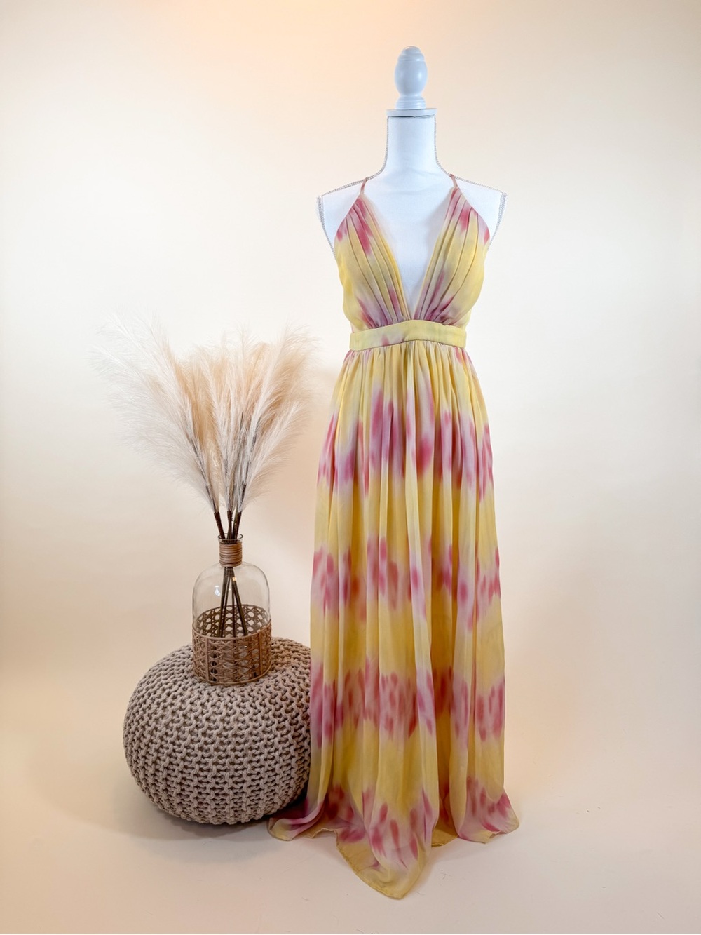 Miss Avenue Yellow and Pink Halter Tie-Dye Maxi Dress